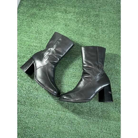 Harley Davidson Size 10 Black Leather Flame Boots Heels Double Zipper - Picture 1 of 11